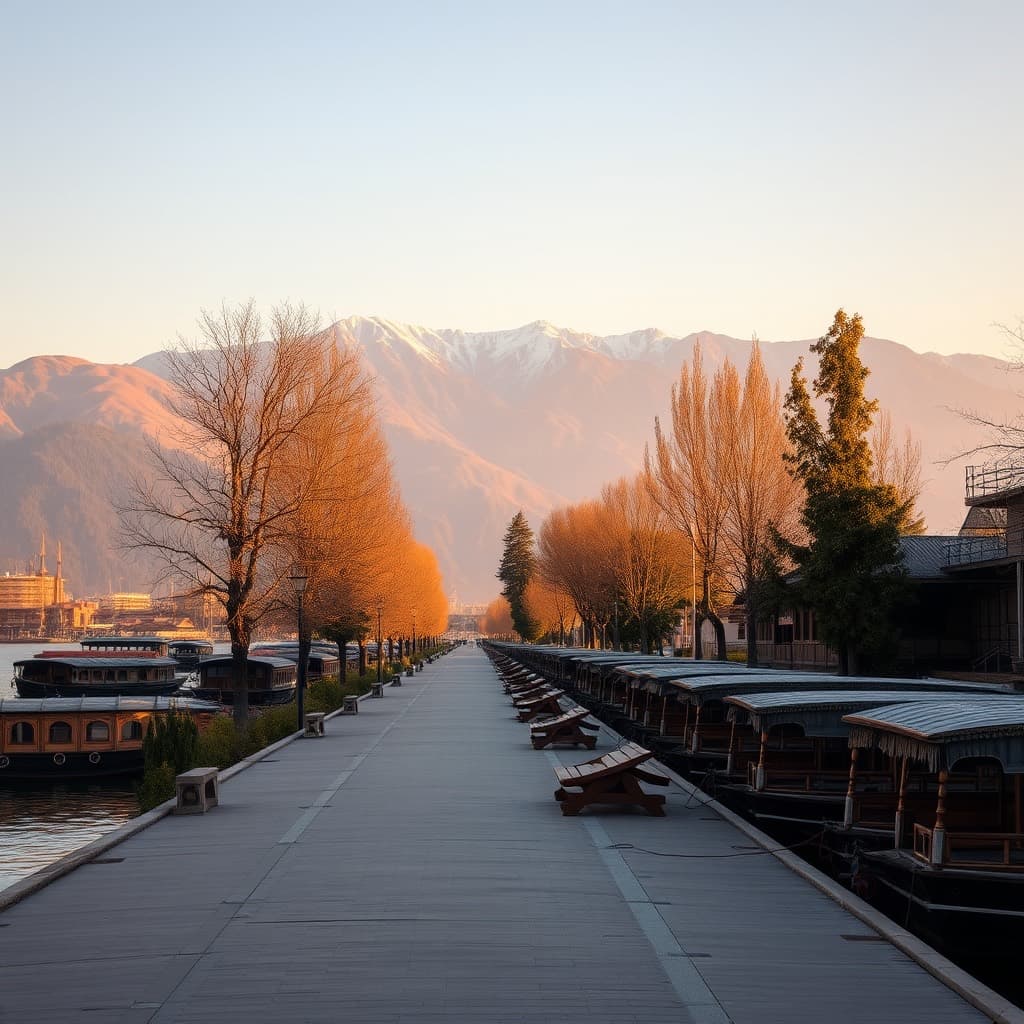 The Boulevard along Dal Lake at golden hour, houseboats moored below the Zabarwan hills