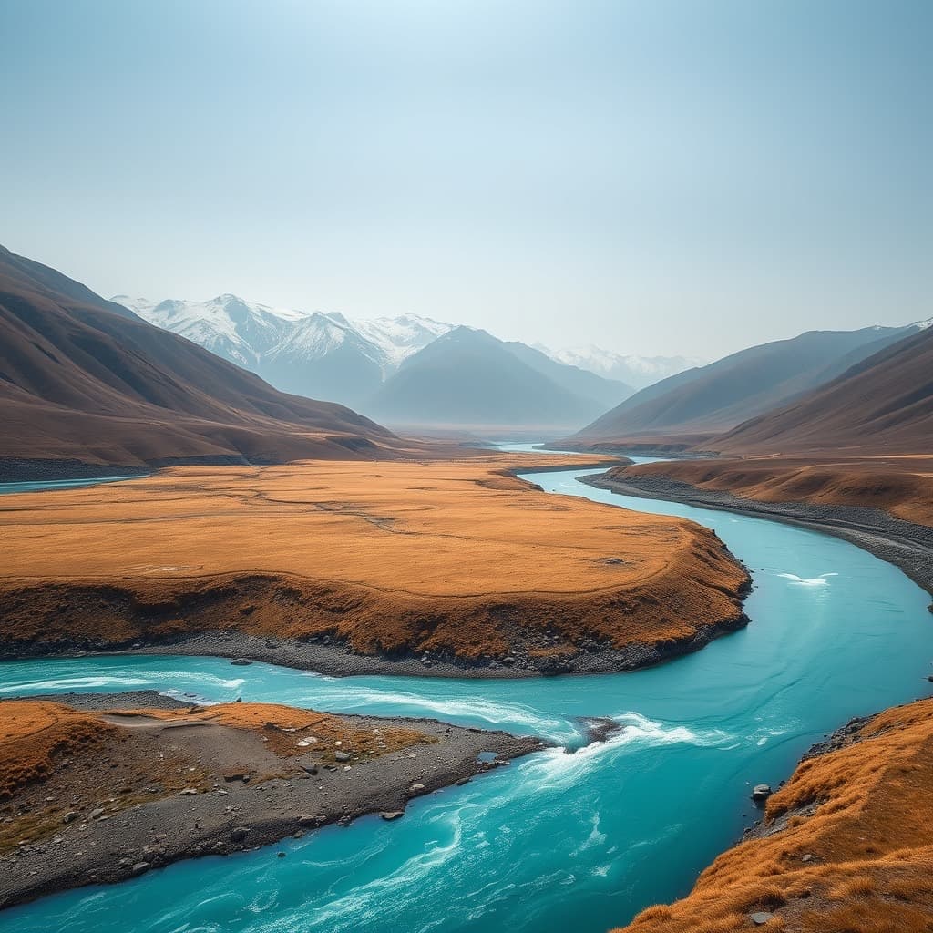 The Kishanganga River winding through the broad Gurez Valley beneath snow-capped mountains