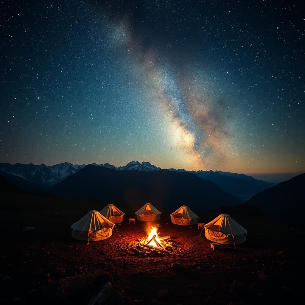 Glowing tents and a bonfire on a high plateau under the Milky Way