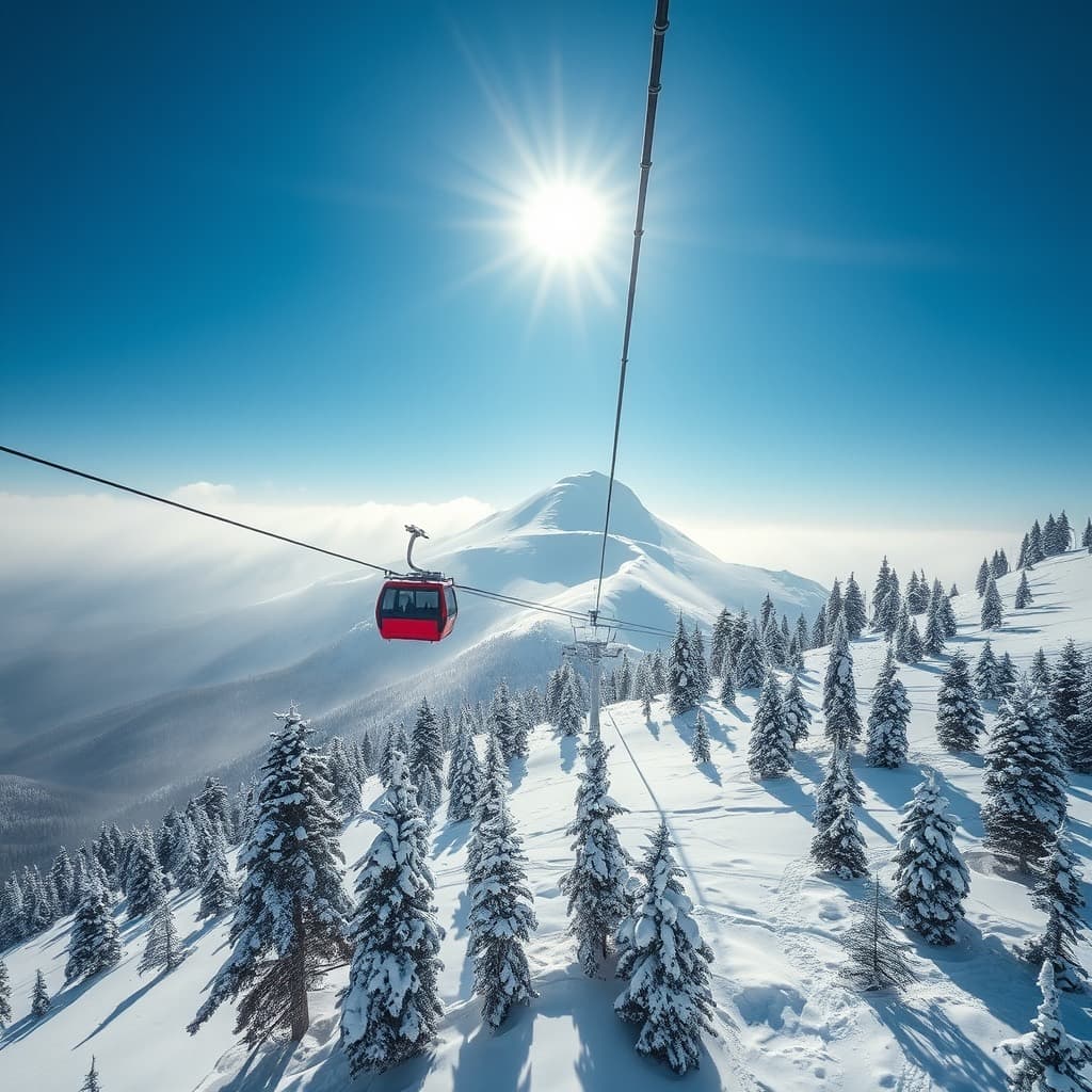 A red gondola cable car ascending above a snowfield