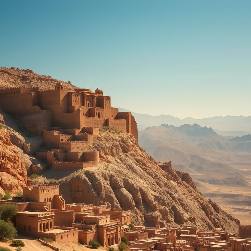 A nine storey mud brick palace built into a rocky hillside above a desert town