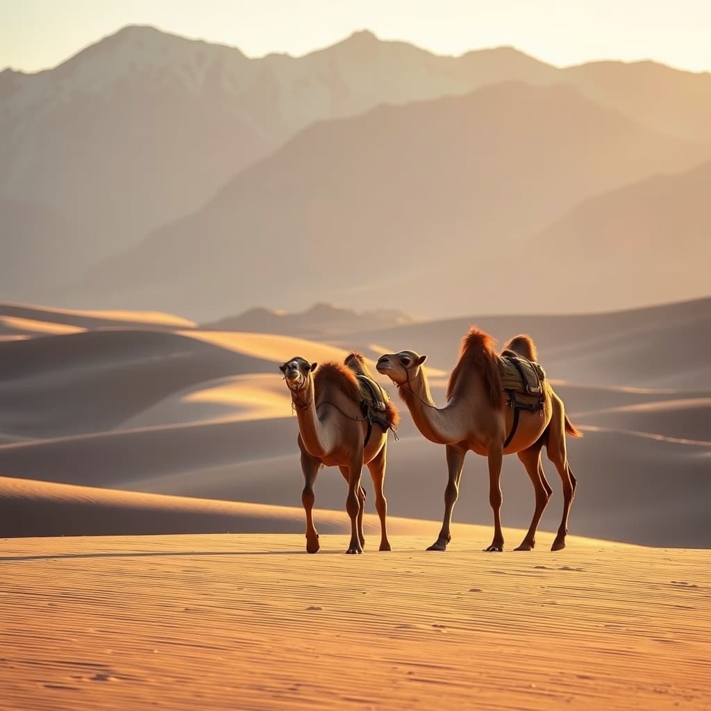 Bactrian camels on cold desert sand dunes with snow mountains behind