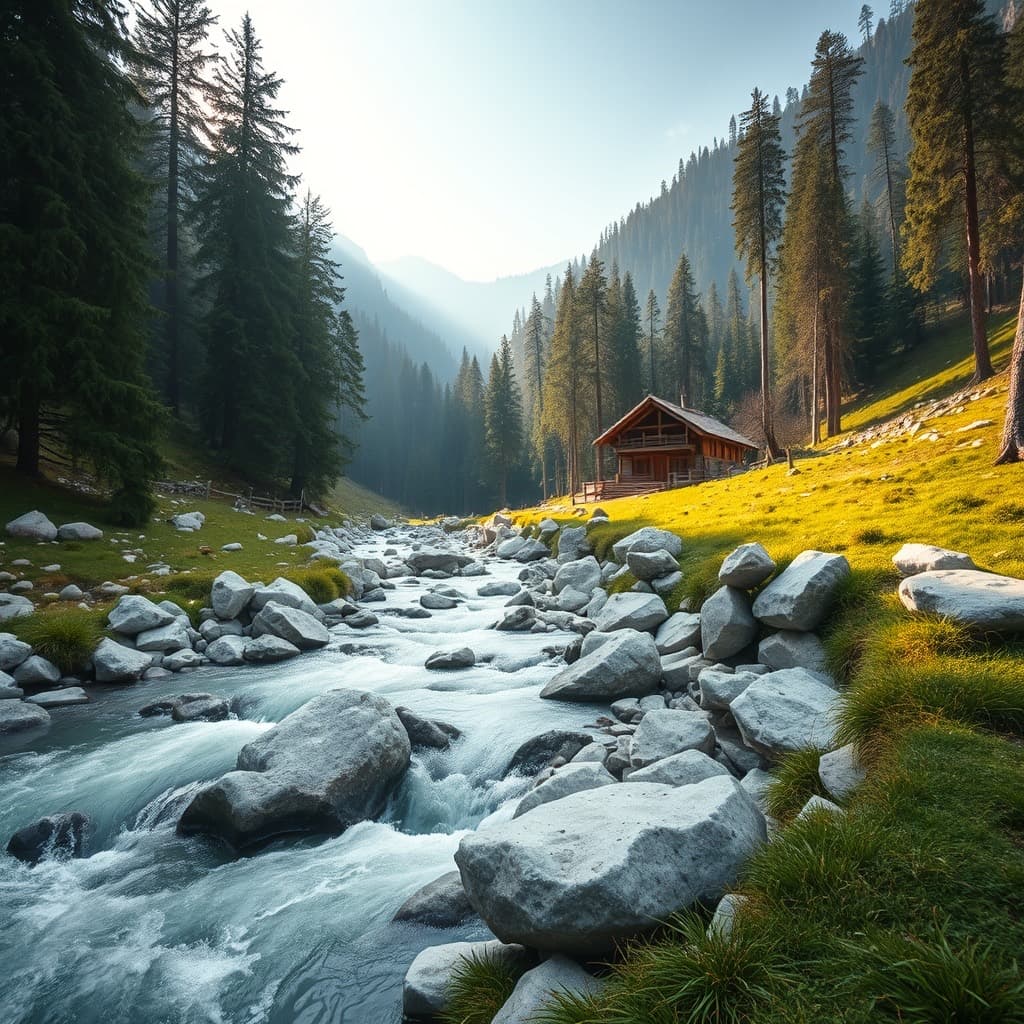 A clear mountain stream running over white boulders through a pine valley at Pahalgam