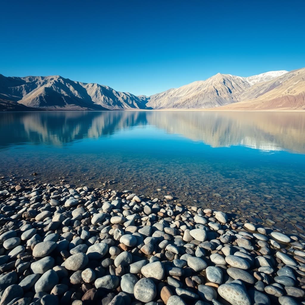 The vivid turquoise water of Pangong lake between bare desert mountains