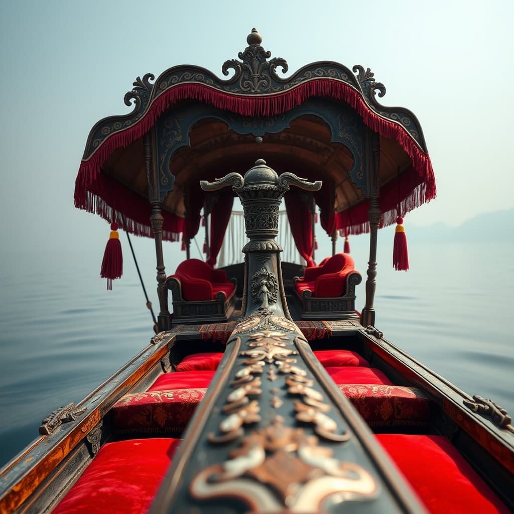 An ornately carved shikara with red cushions on Dal Lake