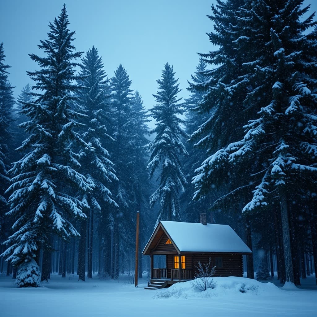 Heavy snowfall settling on pine trees and a road through the mountains
