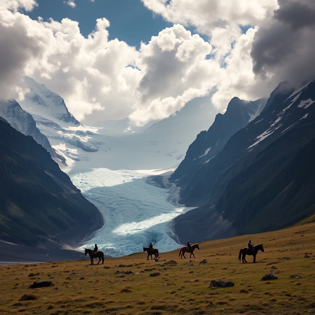 A glacier and alpine meadow with ponies and riders