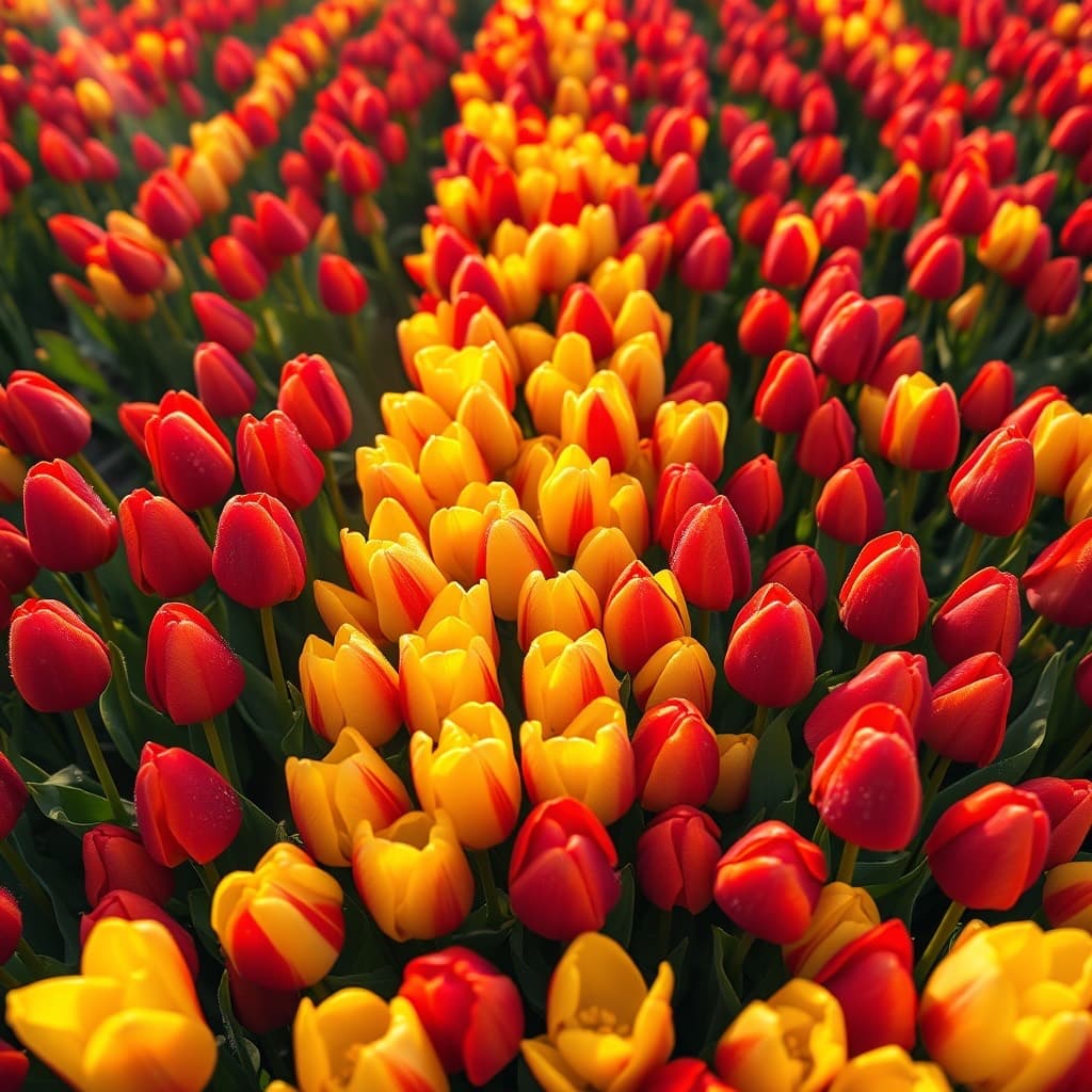 Rows of red and yellow tulips with mountains behind