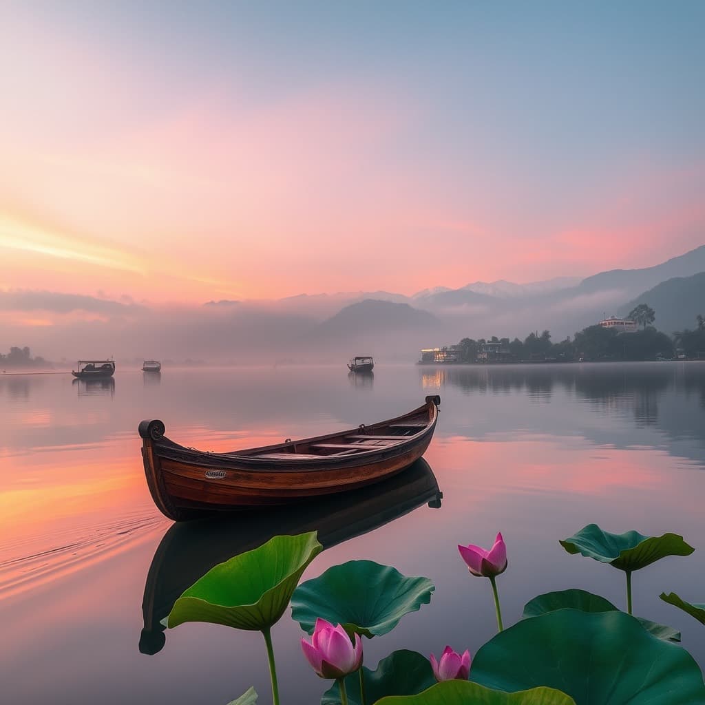 A shikara on the still water of Dal Lake at dawn, houseboats along the shore