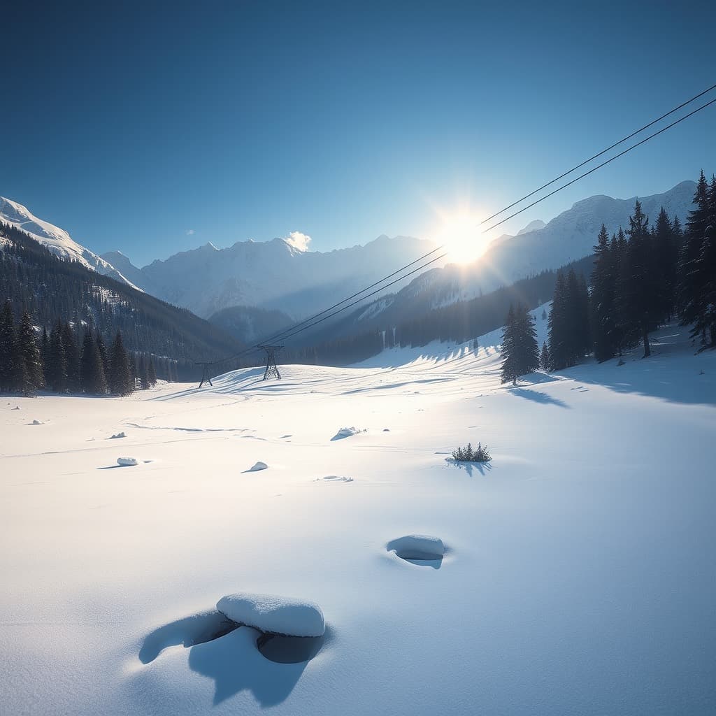 Snow covered meadow ringed by pine forest and Himalayan peaks at Gulmarg
