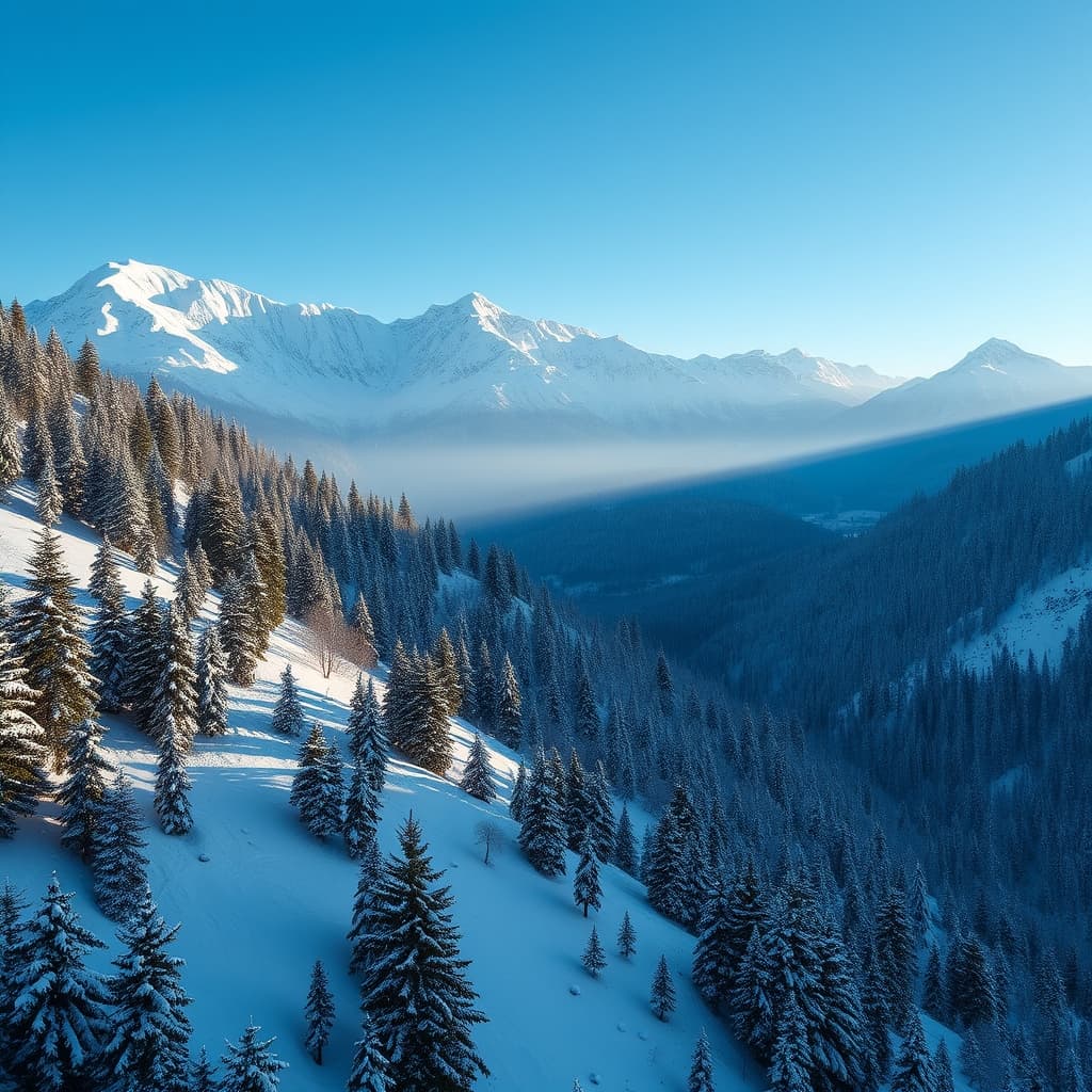 Pine forest on snow-covered slopes below a white Himalayan range