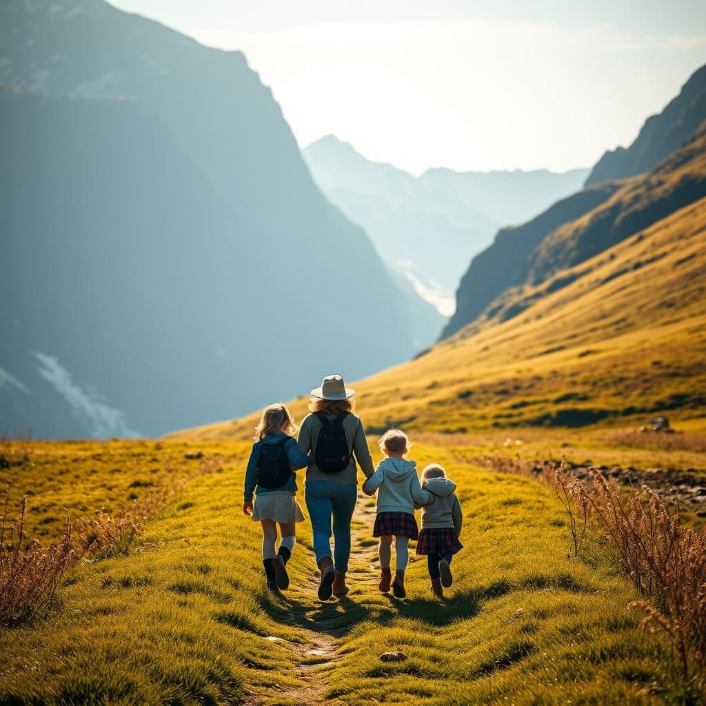 A family walking a meadow path with snow mountains behind