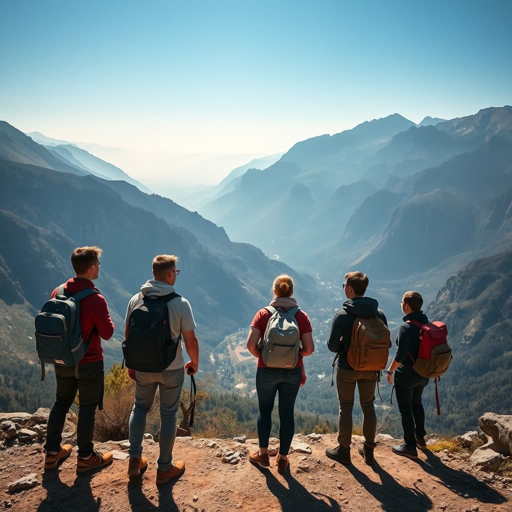 A group of travellers at a mountain viewpoint above a valley