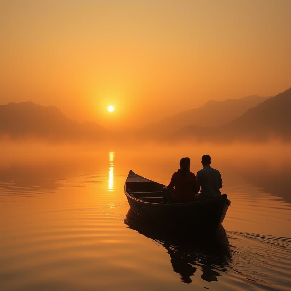 A couple on a shikara silhouetted against a golden sunset