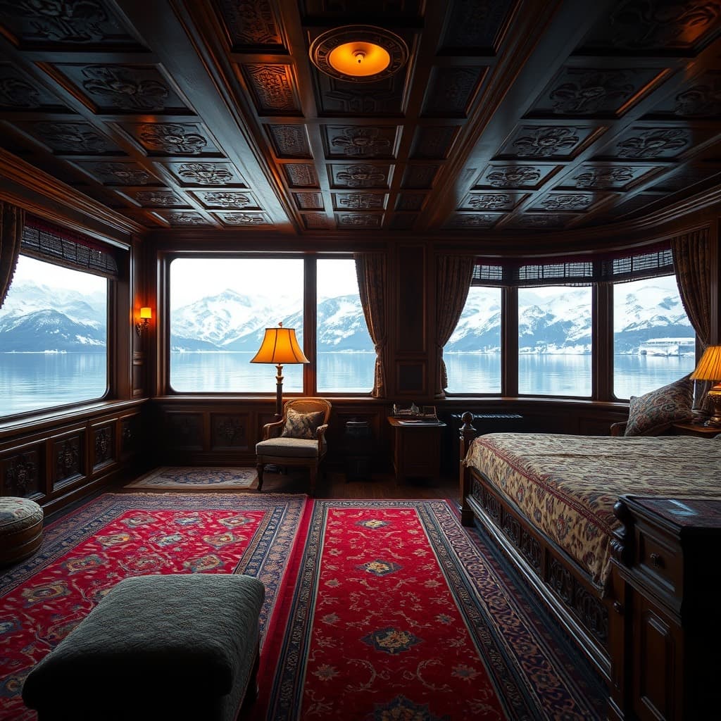 A carved walnut houseboat suite with Kashmiri carpets and a window onto the lake